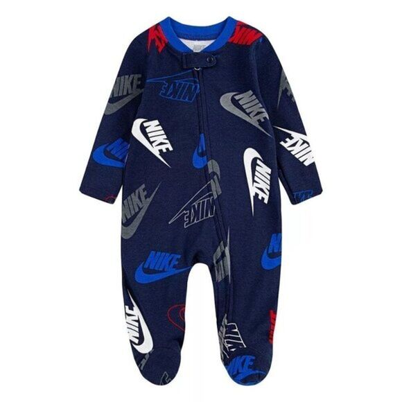 Nike Other - Nike Baby All-over Logo Print One Piece Navy Zip Footed Sleep & Play 6 Months